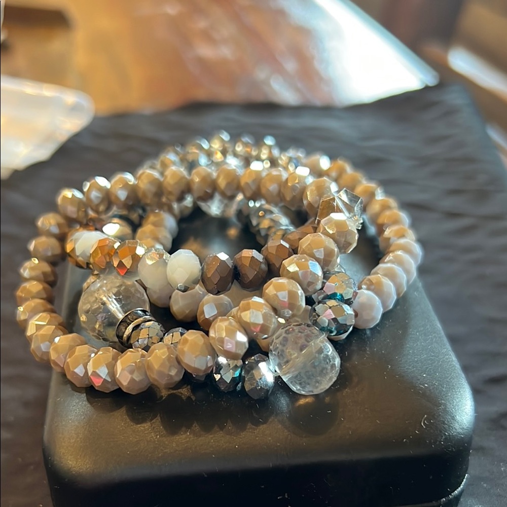 Elegant Beaded Bracelet Set of  - Brown and Silver